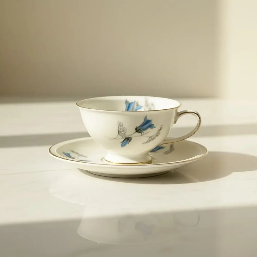 Rosenthal Winifred Teacup Saucer Selb Germany-Blue Bellflowers-Gold Trim-Vintage